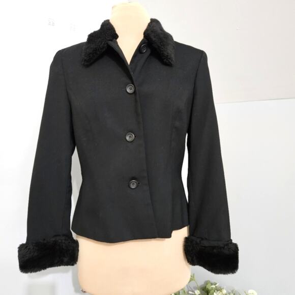 Finity Studio Black Faux Fur Collar and Cuffs Button Front Blazer Sz 12 Corpcore - Picture 1 of 10